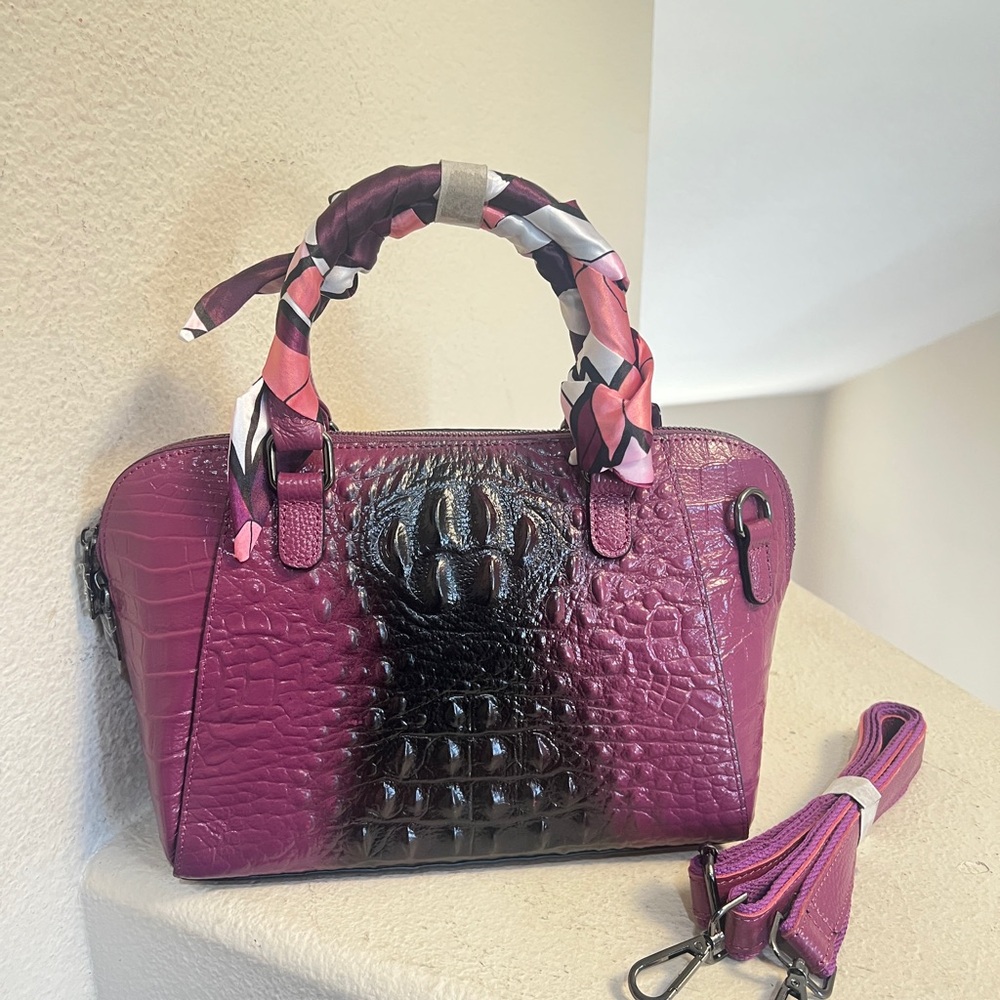 New Elegant Purple Crocodile-Embossed genuine leather Handbag scarf crossbody